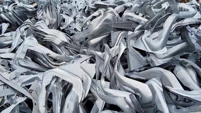 Metal scrap metal waste pile from stamping press process in factory
