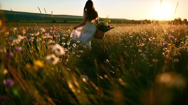 Summer hot vibe lifestyle. A vivid, sunlit photograph captures a serene moment in a field of wildflowers. The main subject is a woman in a flowing white dress, holding a bouquet of flowers.
