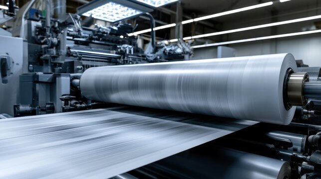 High-speed industrial printing press producing continuous sheets of paper with advanced machinery in a modern factory environment