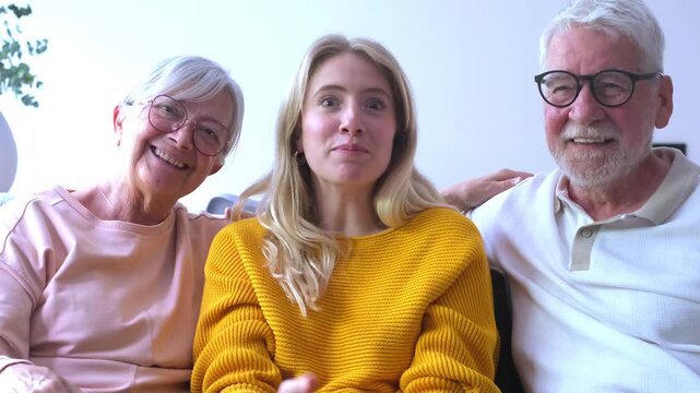 Smiling senior parents with their adult daughter sitting together on a sofa, happily talking and waving during a video call, enjoying their time connecting with distant relatives
