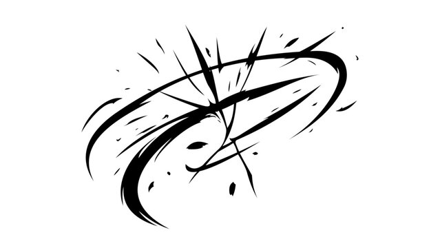 Black manga impact slash with dynamic curved brush strokes and sharp motion lines isolated on transparent background. Abstract anime action effect for comic scenes, visual effects, graphic design.