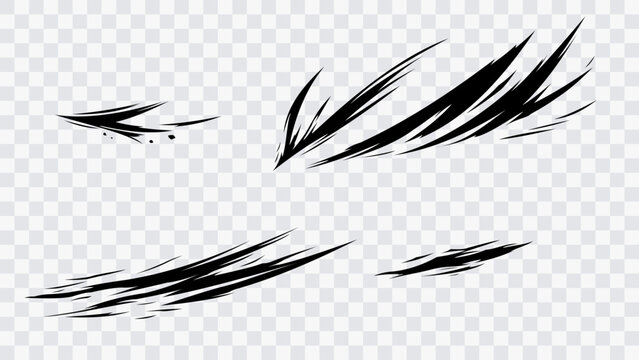 Black manga slash brush strokes with dynamic motion lines isolated on transparent background. Abstract anime attack effect for comic action scenes, visual effects, graphic design and digital artwork.