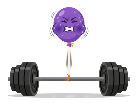 Angry purple planet character lifting heavy barbell in gym cartoon