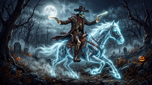 skeleton cowboy riding, glowing ghost horse, phantom steed concept, dark fantasy artwork, spooky night landscape, undead cowboy rider, ethereal white horse, supernatural western theme