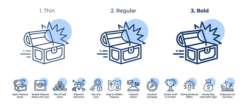 Comic Book Starburst Effect with Open Treasure Chest and Pirate Adventure Icon Set in Vector Style