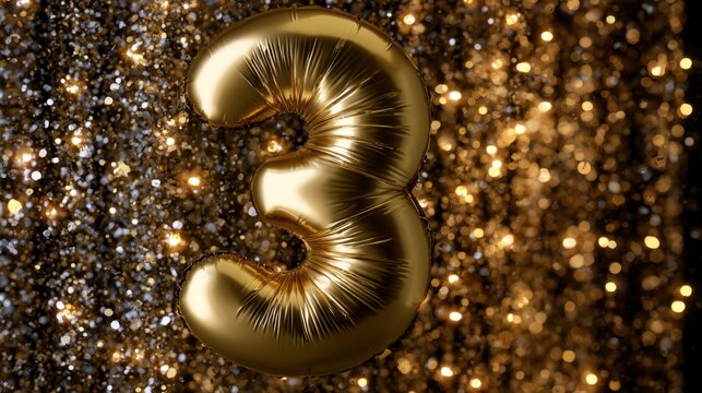 Shiny gold number three balloon with sparkling golden bokeh lights background perfect for celebrations and festive events theme