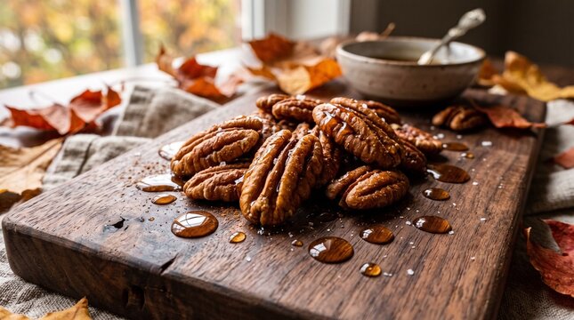 Delicious roasted pecans drizzled with honey on a rustic wooden board
