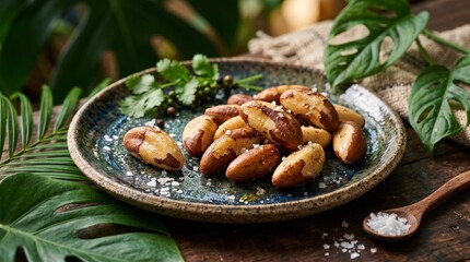 Fototapeta premium Delicious roasted Brazil nuts sprinkled with coarse sea salt on a rustic plate