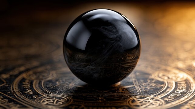 A mysterious shiny black sphere resting on an ancient golden engraved mystical circle with esoteric symbols and soft glowing ambient light