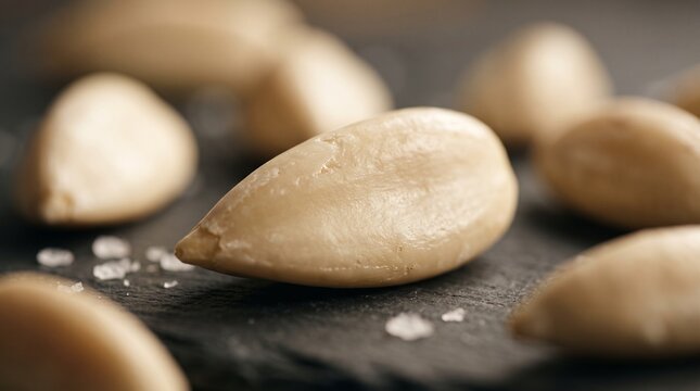 Macro photography of pili nuts with salt crystals on a dark slate surface