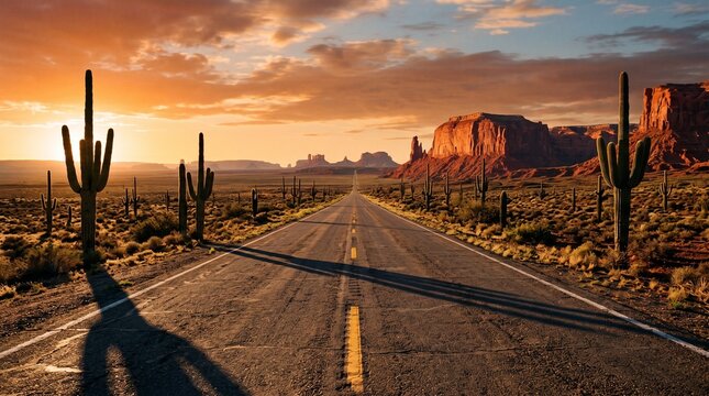 Desert highway at sunset. Empty road through American southwest landscape.