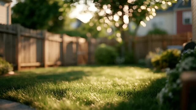 Summer hot vibe lifestyle. A vivid, sunlit photograph of a residential backyard. The main subject is a lush, green lawn with sunlight filtering through the trees, creating a bokeh effect.