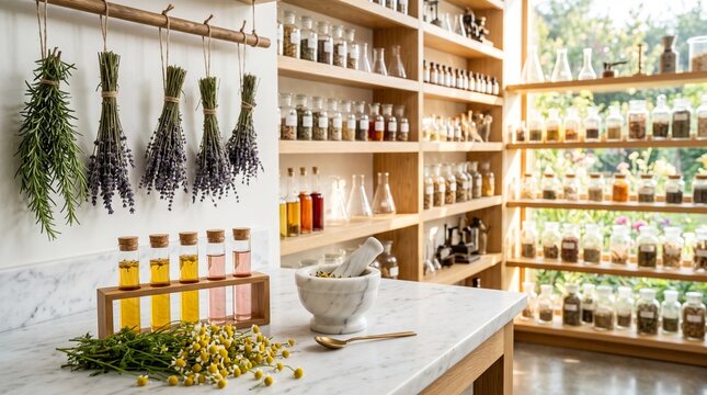 Alchemist laboratory workbench with herbs. Apothecary shop with natural medicine ingredients.