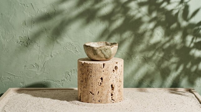 Travertine pedestal with ceramic bowl. Minimalist product display stand for cosmetics.