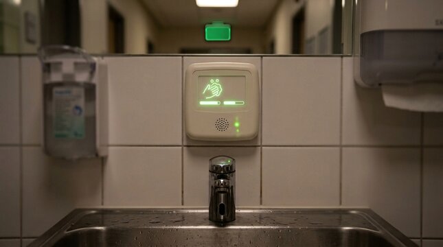 Hand hygiene compliance monitor mounted above a sink beeping softly &ndash; Hand Hygiene & Infection Prevention Stock Photo