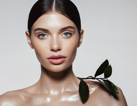 Portrait of a Beautiful Young Woman with Glowing Skin and Green Leaf