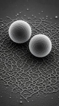 Scanning electron microscope view of two tiny spherical particles resting on complex textured grid surface. Research lab magnification shows microscopic nanotechnology structures with high detail.