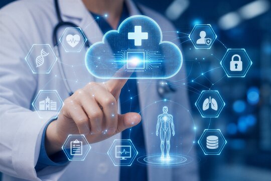 Doctor Interacting with Digital Healthcare Cloud Interface Displaying Medical Data, AI Chip, and Security Icons for Futuristic Telemedicine.
