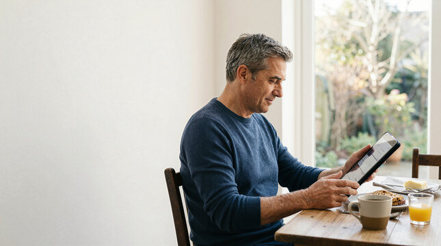 Mature man using tablet computer during breakfast at home