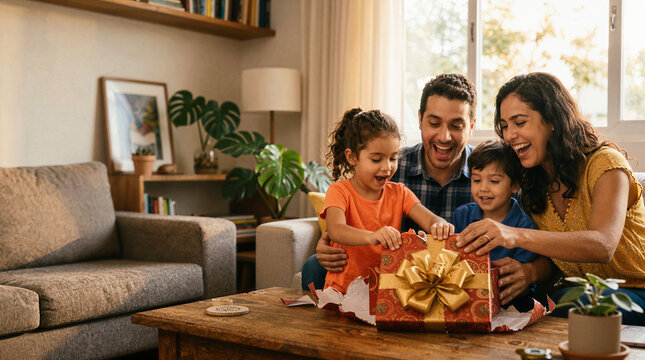 Family happily opening a large gift box together in a cozy living room setting