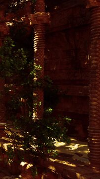 Sunlight shines through the trees onto stone pillars in an old area. The setting has a natural, earthy feel with foliage surrounding the stones. It appears to be late afternoon.