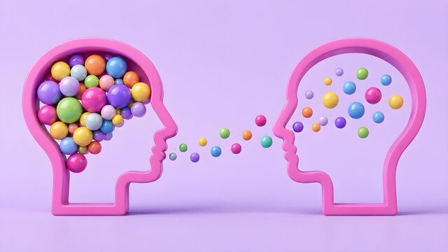 Conceptual Illustration Representing Human Communication Through Colorful Spheres Exchanged Between Two Minimalist Pink Head Silhouettes