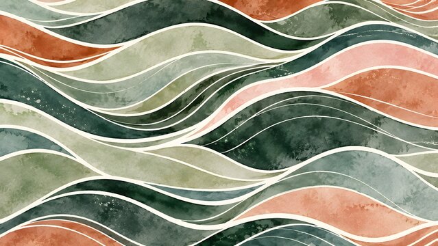 Abstract Watercolor Background Featuring Organic Flowing Wave Patterns in Earthy Tones of Sage Green and Soft Terracotta for Decor