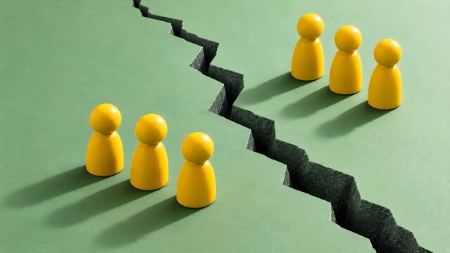 Yellow Wooden Figures Divided by a Deep Zigzag Crack Representing Social Polarization Conflict Disagreement and Segregation in Society