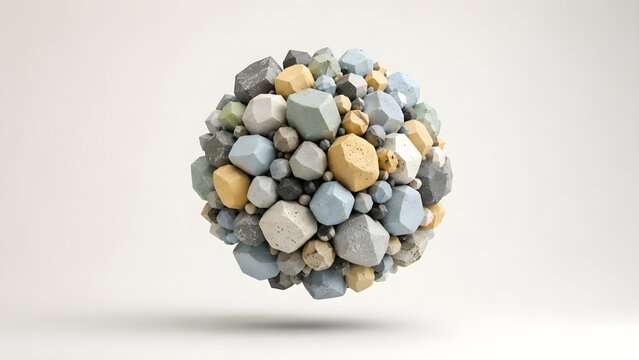 Abstract 3d sphere composition featuring an array of geometric polyhedral shapes in muted tones floating against a clean studio background