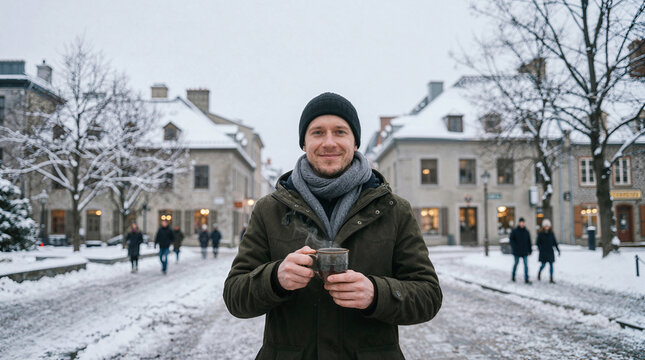 Man holding a warm drink in a snowy European town square during winter