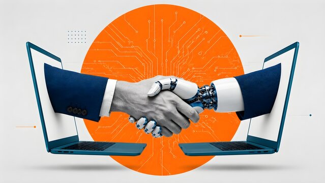 Human Hand Shaking A Robotic Hand Emerging From Two Laptop Screens Representing Successful Digital Partnership And Artificial Intelligence Cooperation