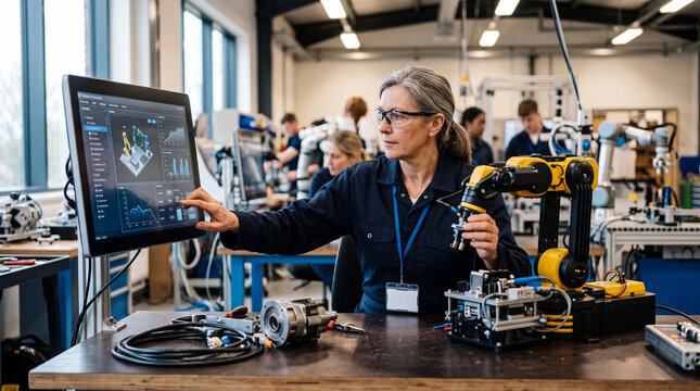 Industrial engineers working on automated robotics in an advanced development lab, featuring AR technology, digital twin software, and robotic arm prototyping.