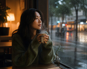 Fototapeta premium Asian woman drinking coffee alone at rainy window, cozy morning