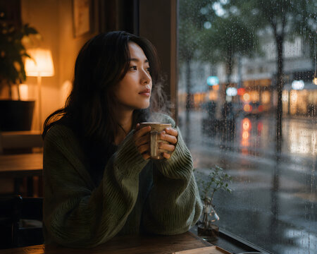 Asian woman drinking coffee alone at rainy window, cozy morning