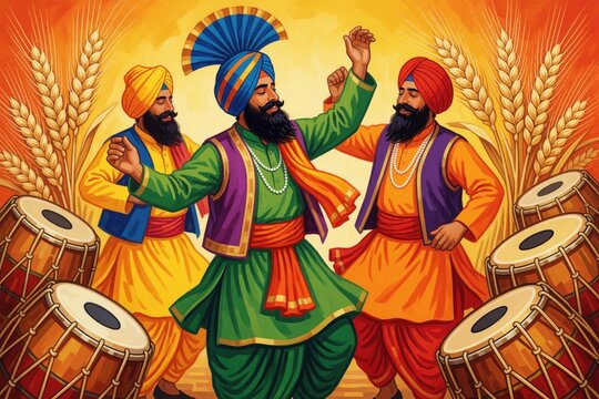 Punjabi men in traditional dress dance energetically with dhol drums, wheat stalks. Vibrant illustration captures cultural celebration, music performance. Festive spirit, harvest joy, folk art style.