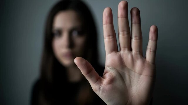 A woman holding up her hand in a stop gesture