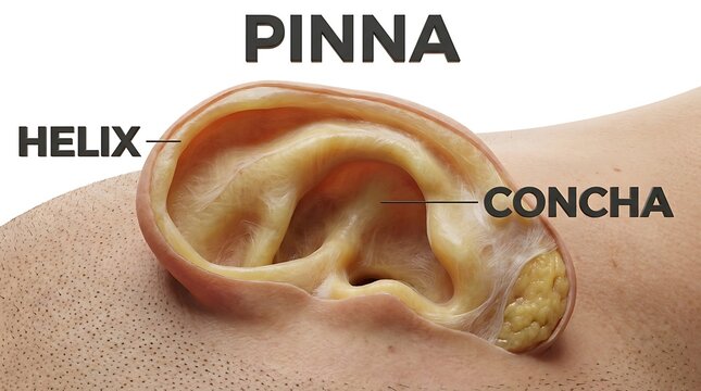 Detailed anatomical illustration of human ear pinna helix and concha with auditory
