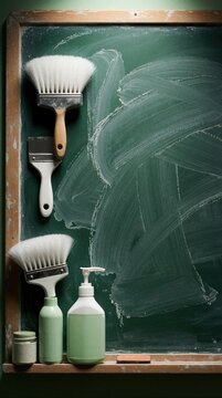 Cleaning tools sit on old green chalkboard surface. Brushes plus plastic bottles with liquid soap stand near wooden frame. House maintenance supplies for washing hygiene sanitation tasks. School