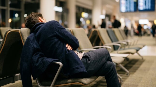 Man sleeping in airport waiting area at night, with soft bokeh and copy space