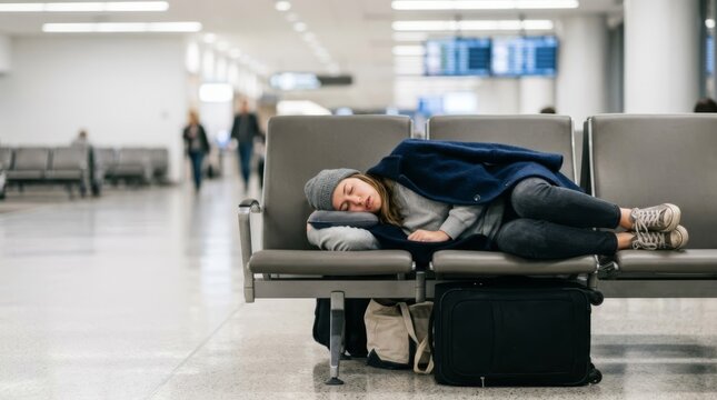 Tired traveler sleeping on airport chairs with luggage, resting during a flight delay in a modern terminal
