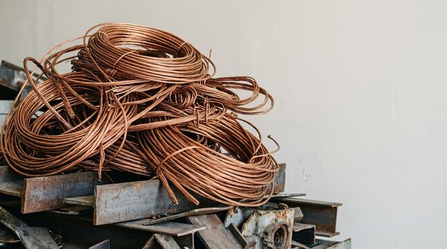 Pile of Copper Wire Scrap on Industrial Metal Beams with Copy Space - Recycling and Reuse