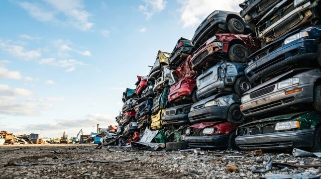 Massive pile of crushed cars in a junkyard, industrial background with blue sky and clouds, low angle view