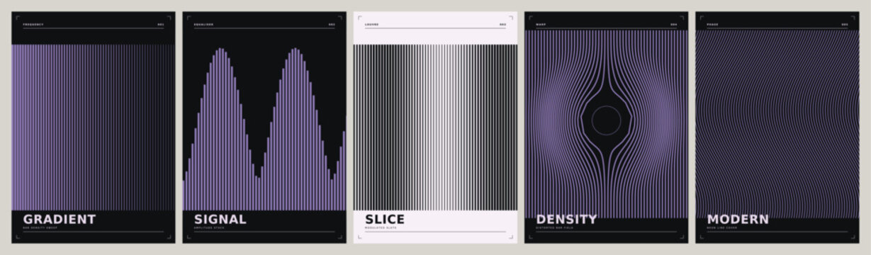 Neon gradient bar poster templates vector set. Dark abstract cover designs with purple equaliser stripes, louvre slices and distorted lines for flyer, presentation and social media design.