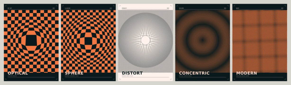 Optical illusion poster templates vector set. Dark teal and orange cover designs with warped checker grids, sphere projection and op art patterns for flyer, banner and print design.
