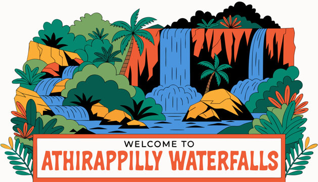 Very beautiful realistic vector of a classic travel welcome sign featuring a bold label reading "ATHIRAPPILLY WATERFALLS", decorated with cascading waterfalls, lush tropical rainforest, rocky cliffs, 