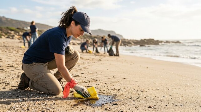 Woman volunteer cleans oil spill on beach sand with cloth, environmental rescue concept with copy space