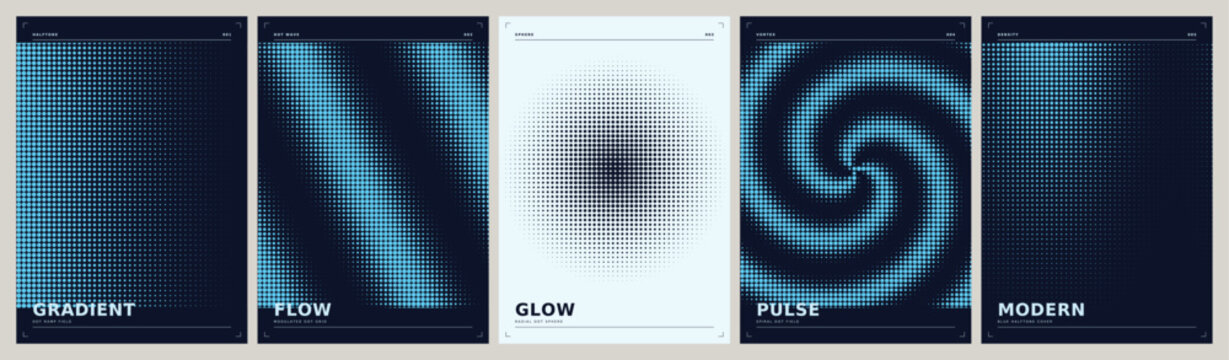 Blue halftone dot poster templates vector set. Dark abstract cover designs with glowing cyan dot gradients, wave fields and sphere patterns for flyer, brochure and presentation design.