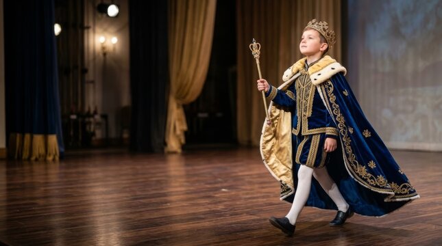 Young boy in a regal king costume with crown and scepter, walking confidently on a wooden stage for a theatrical performance.