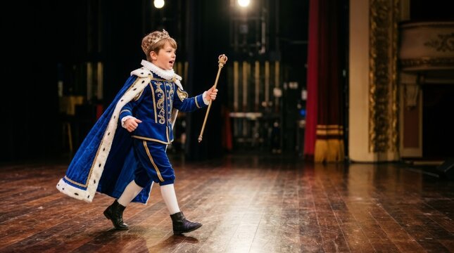 Young boy in royal king costume holding scepter on theater stage, celebrating performance