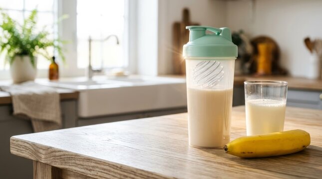 Mass gainer protein shaker and banana with milk on kitchen island in soft natural light, healthy lifestyle, copy space